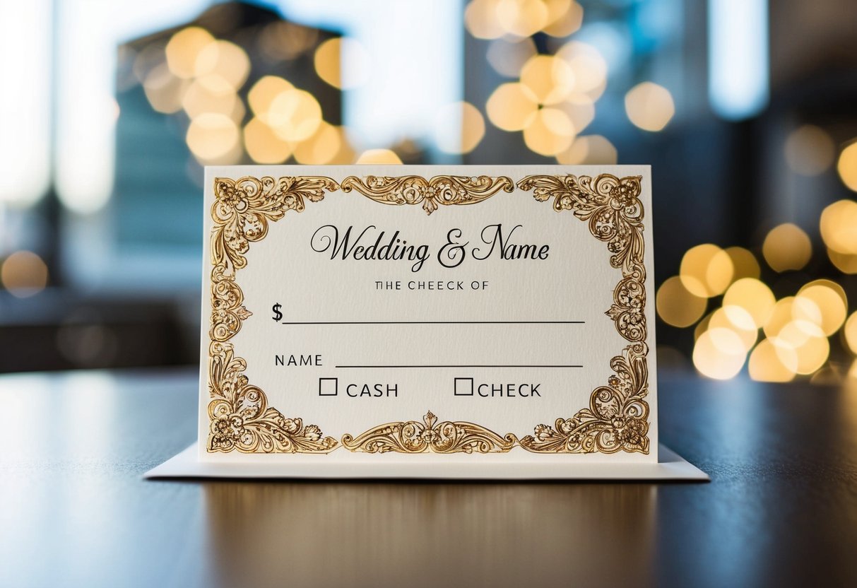 A decorative wedding card with a blank space for a name and a choice between a cash or check slot