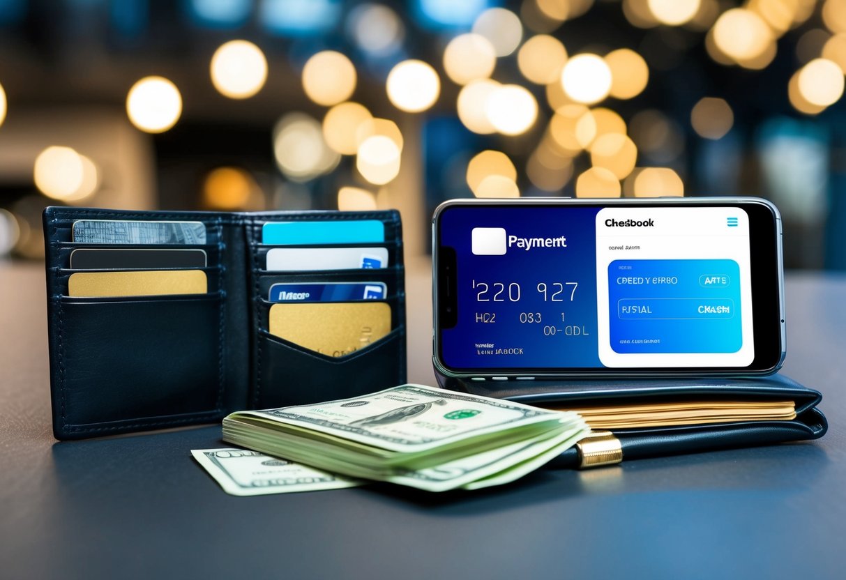 A modern wallet with credit cards and a mobile payment app displayed next to a traditional checkbook and cash