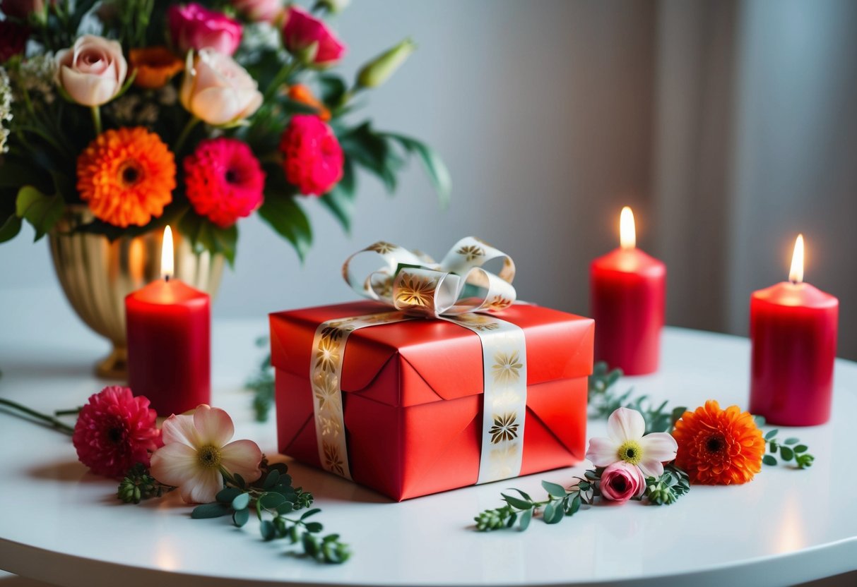 A beautifully wrapped gift box sits on a table, surrounded by flowers and candles