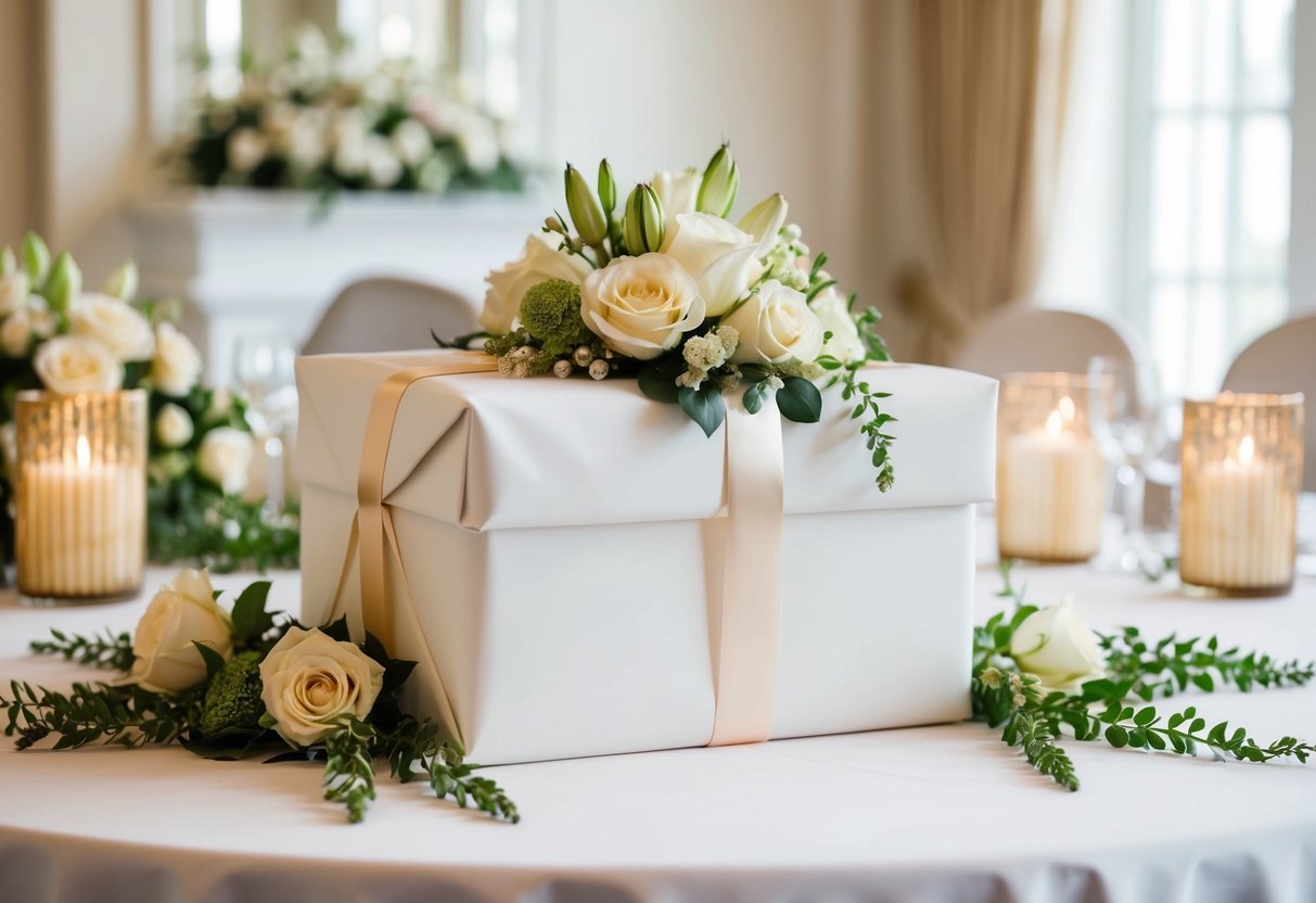A beautifully wrapped wedding gift sits on a table, surrounded by elegant decorations and flowers