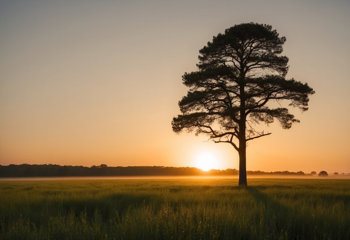 A lone tree standing tall in a serene meadow, basking in the warm glow of the setting sun, surrounded by a sense of peace and contentment