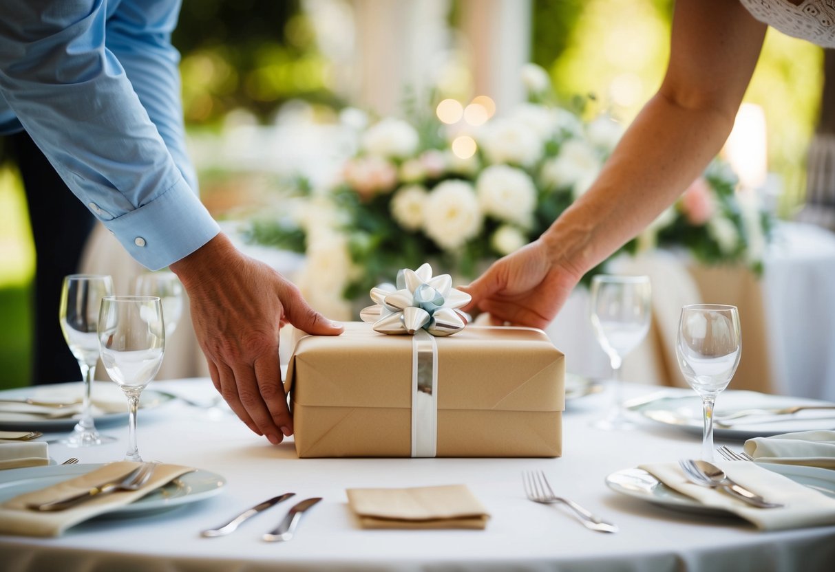 A parent placing a wrapped gift on a table, surrounded by wedding decorations