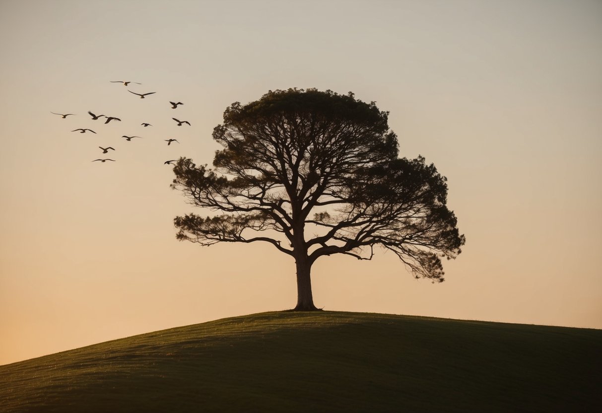 A lone tree stands on a hill, bathed in warm sunlight while a group of birds fly together in the distance