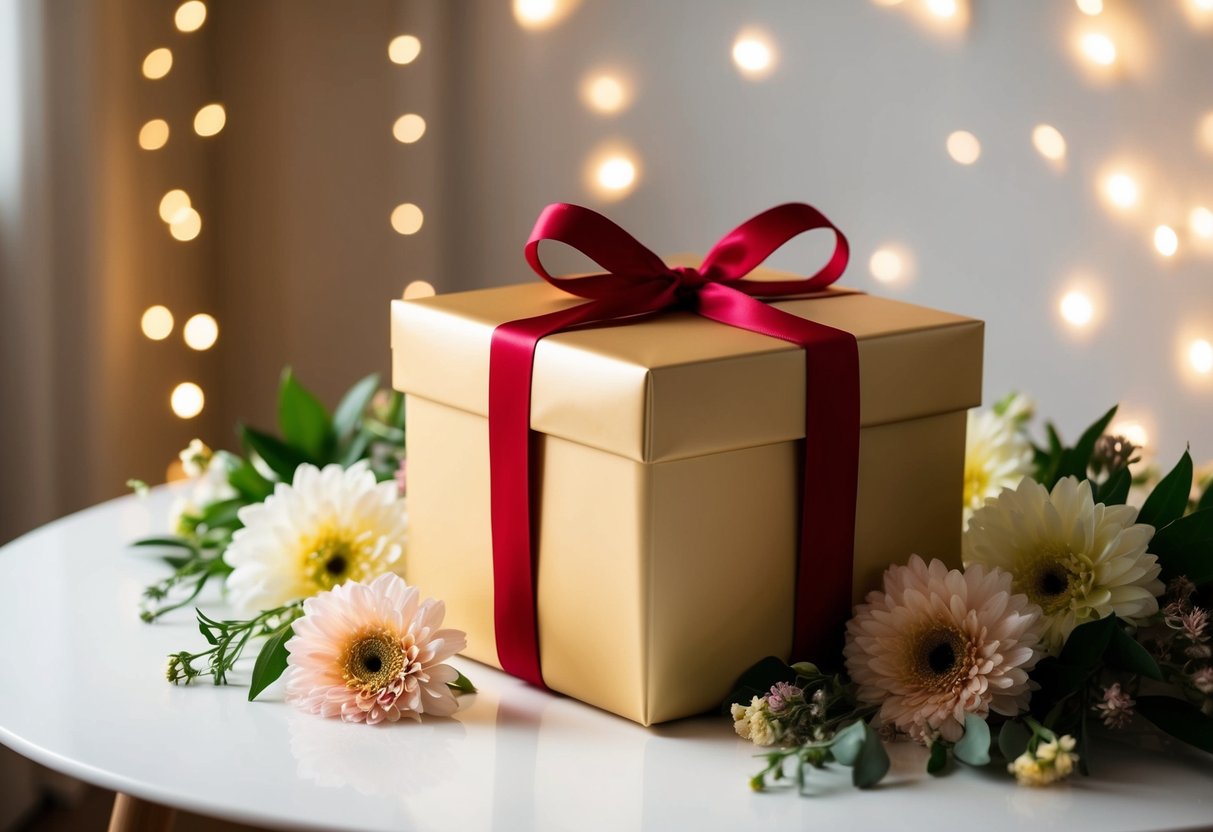 A beautifully wrapped gift box sits on a table, surrounded by elegant flowers and soft lighting, creating a warm and inviting atmosphere