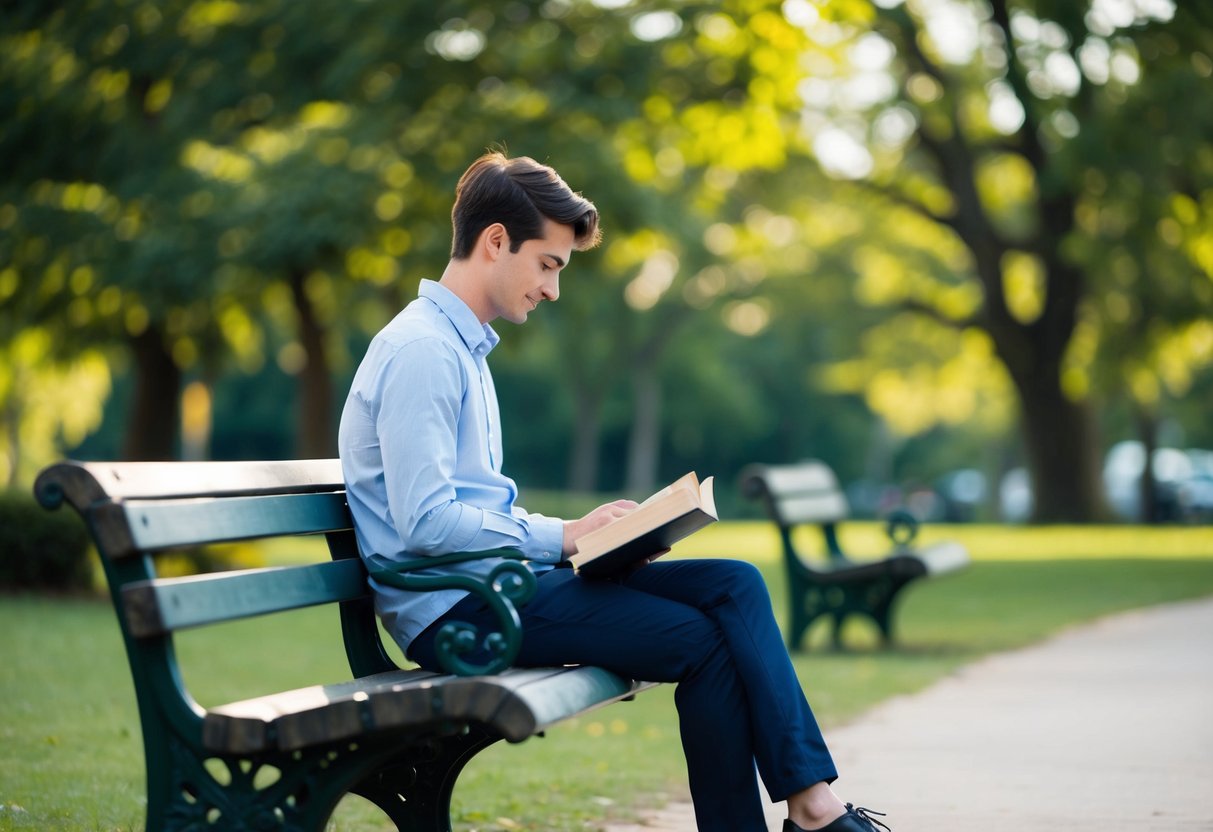A person sitting alone on a park bench, surrounded by nature and feeling content while reading a book