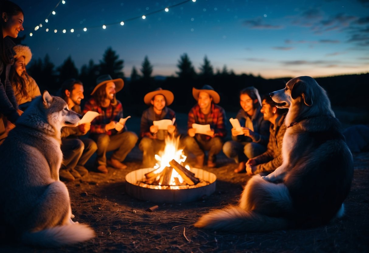 A group of animals gather around a cozy campfire, sharing stories and laughter. One animal sits contentedly on the outskirts, enjoying the peaceful night sky