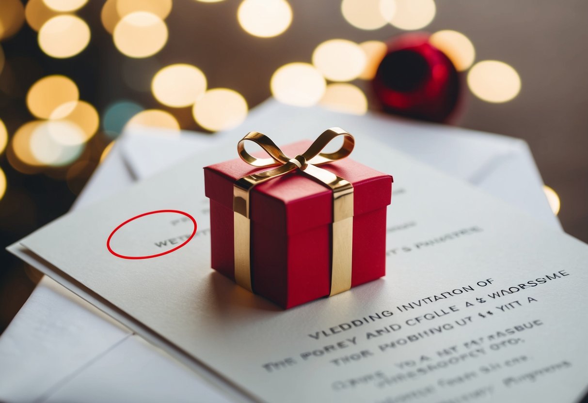 A wedding invitation with a crossed-out gift box and a red circle with a line through it