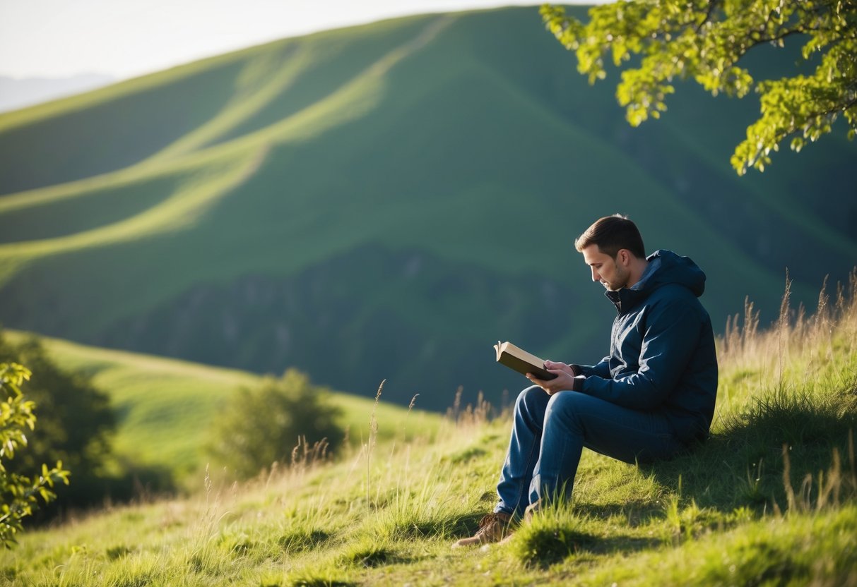 A solitary figure sitting on a peaceful hillside, surrounded by nature and calmly reading a book