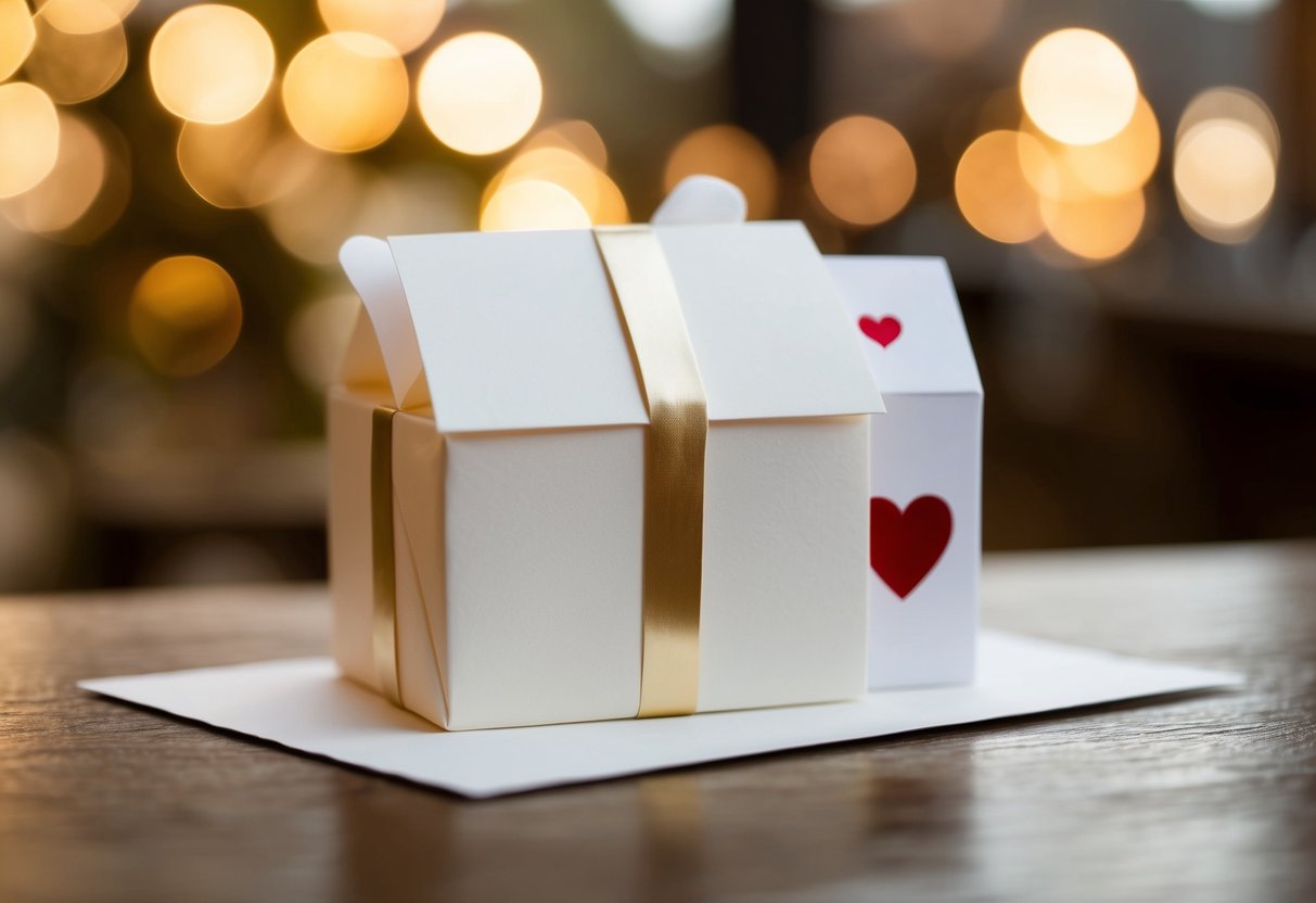 A wedding invitation with a crossed-out gift box and a heart symbol