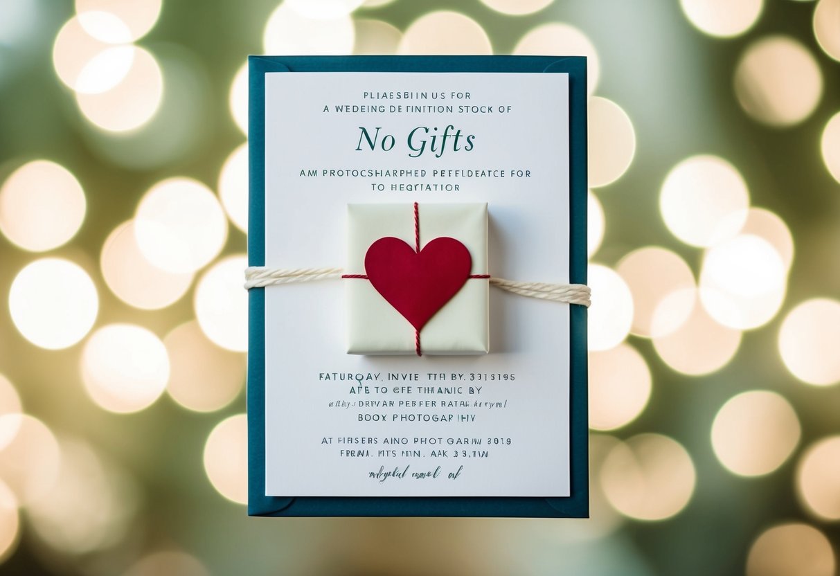 A wedding invitation with a crossed-out gift box and a heart symbolizing "no gifts" preference