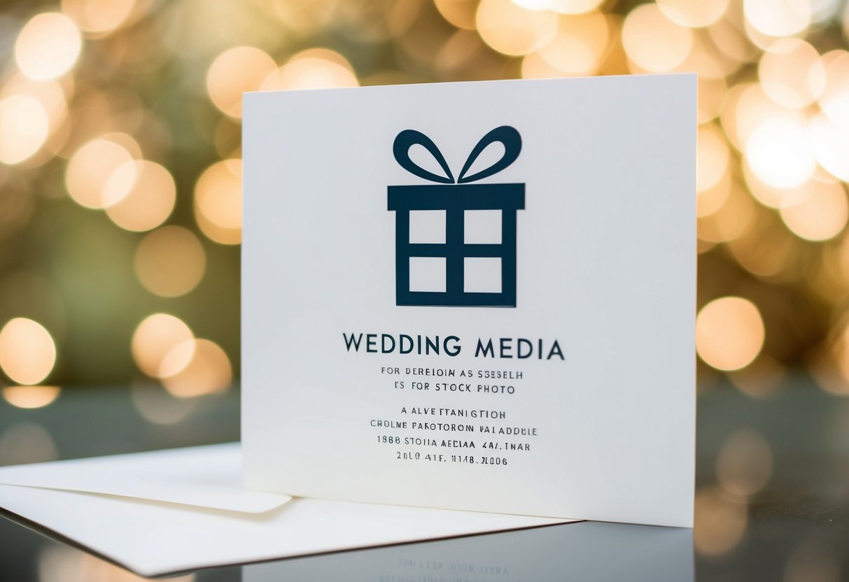 A wedding invitation with a crossed-out gift box icon and a social media logo