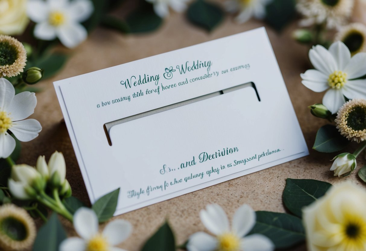 A wedding card with a slot for inserting money, surrounded by flowers and decorative elements