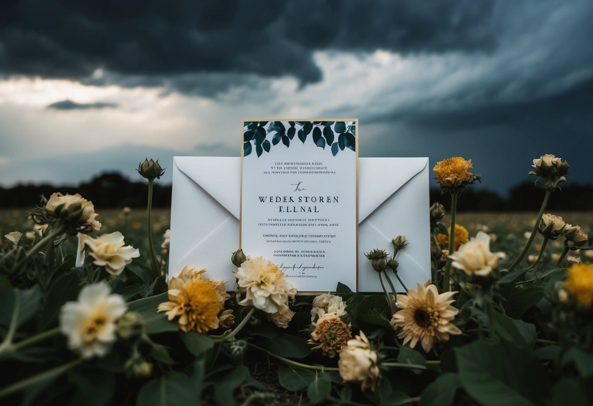 A wedding invitation surrounded by wilted flowers and a dark, stormy sky overhead