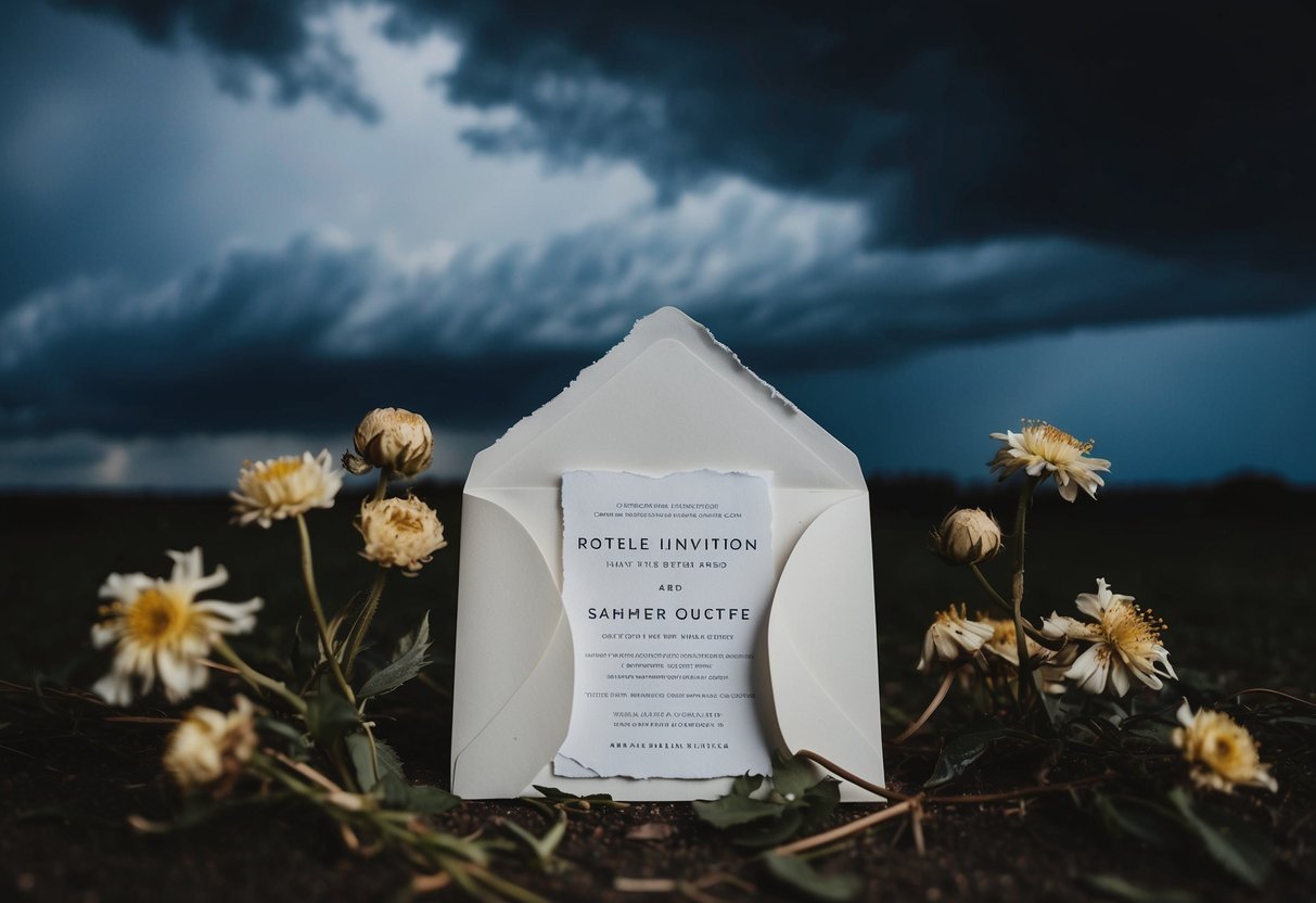 A wedding invitation with a torn edge, surrounded by wilted flowers and a dark, stormy sky overhead