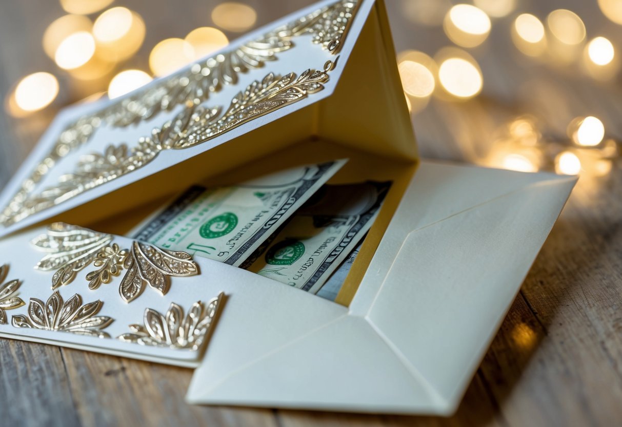 A decorative wedding card with an envelope partially opened, revealing a few bills tucked inside