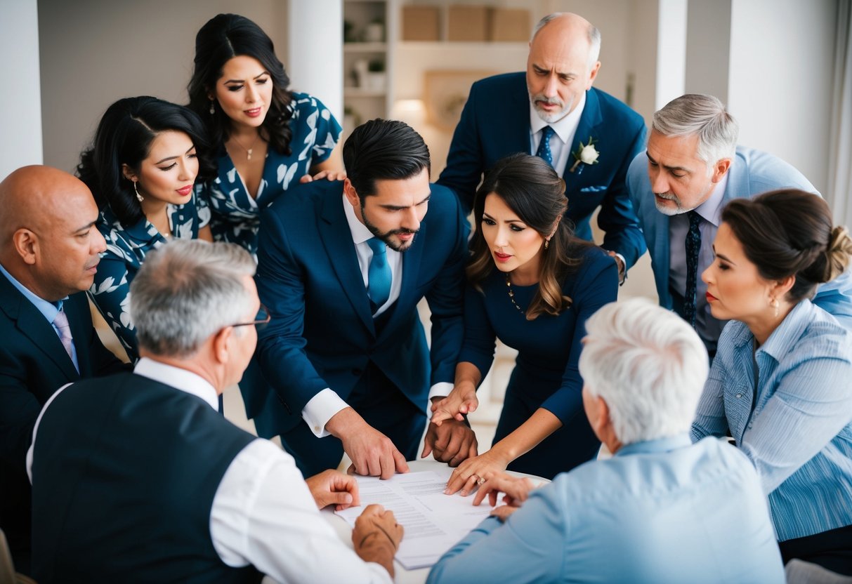 A couple surrounded by a circle of family and friends, deliberating over a guest list. Some family members appear tense and argumentative