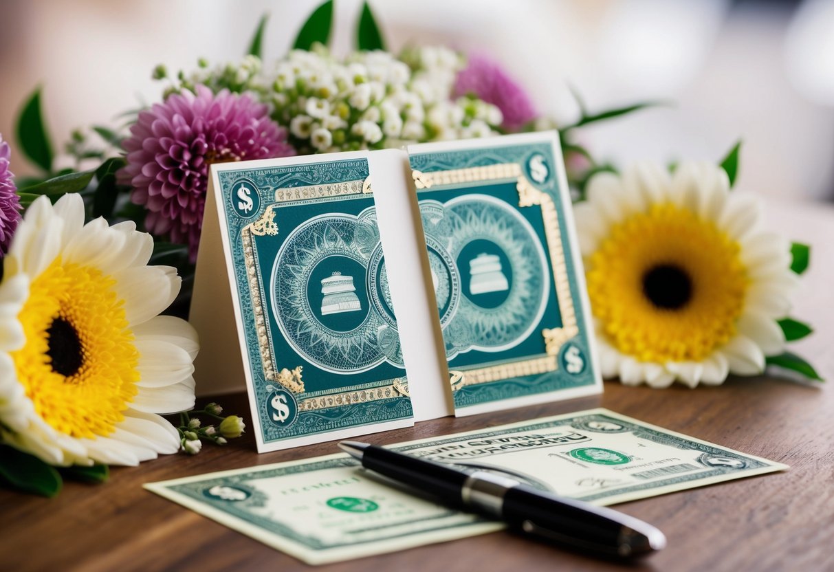 A decorative wedding card with a slot for inserting money, surrounded by flowers and a pen