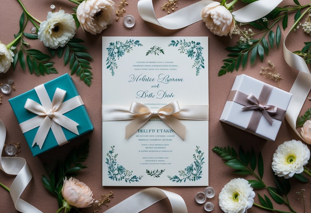 A wedding invitation with a decorative gift box and elegant ribbon, surrounded by floral motifs and delicate calligraphy