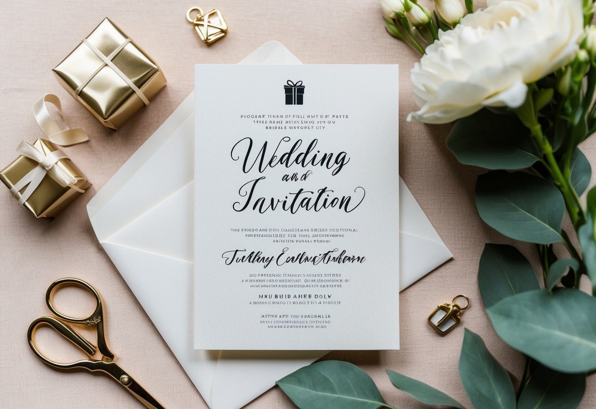 A wedding invitation with elegant calligraphy and a small, tasteful illustration of a wrapped gift