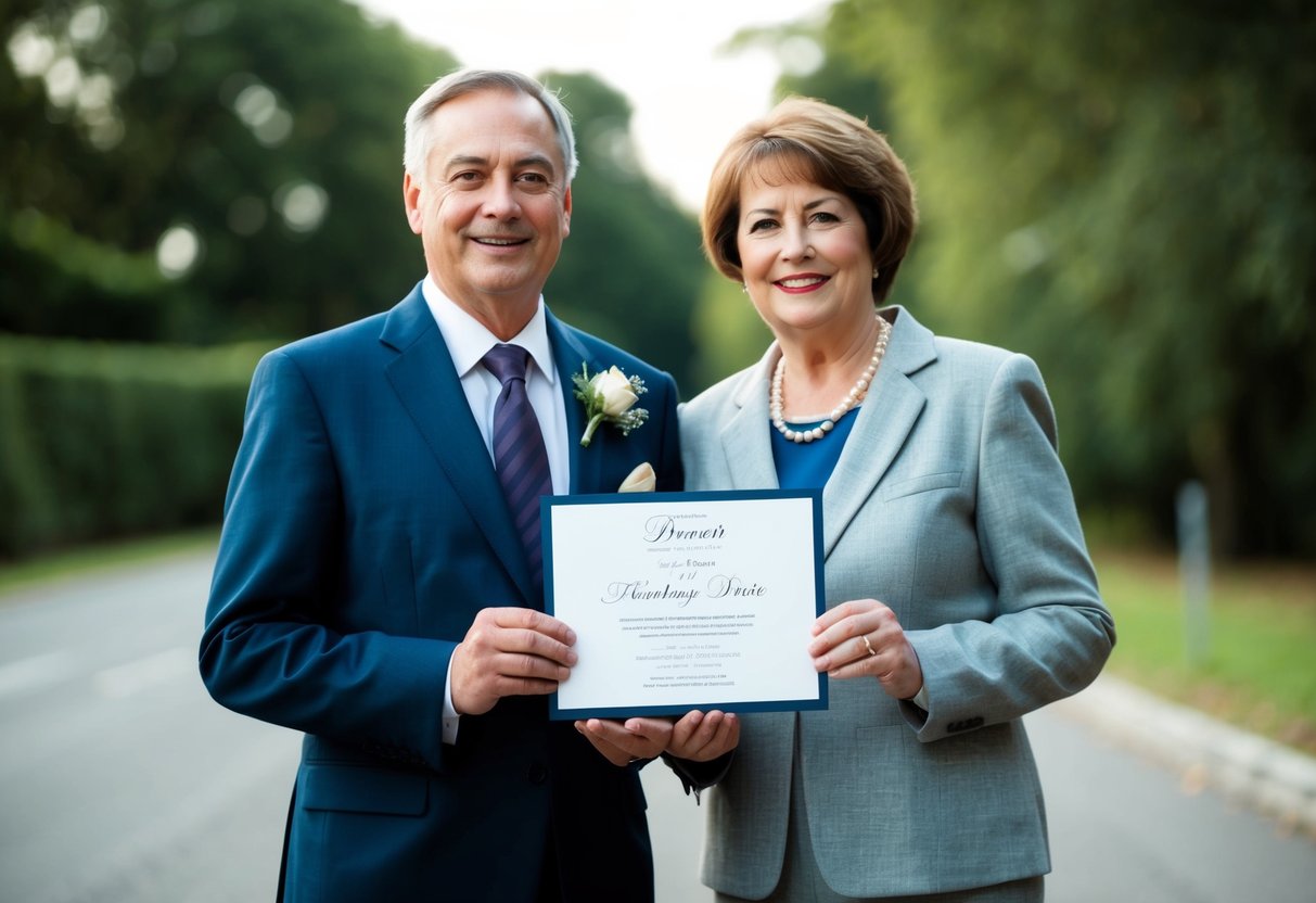Parents stand side by side, holding a wedding invitation. They appear proud and happy, with a sense of formality and respect