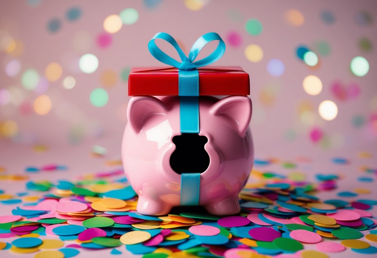 A piggy bank with a slot in the shape of a gift box, surrounded by colorful confetti and a ribbon tied around it