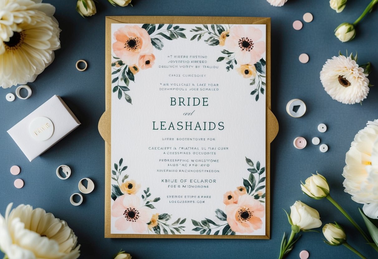 A wedding invitation with the bride's name listed first, surrounded by elegant floral designs and a romantic color scheme