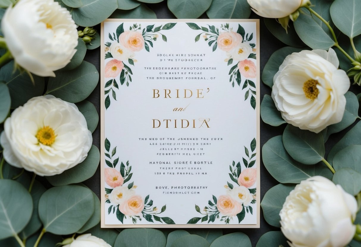 A wedding invitation with the bride's name listed first, surrounded by elegant floral designs and a formal layout