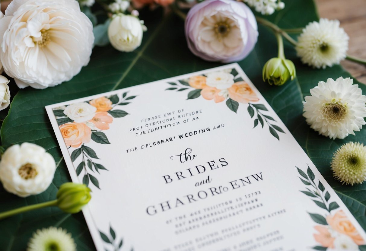 A wedding invitation with the bride's name listed first, surrounded by elegant floral designs and decorative elements