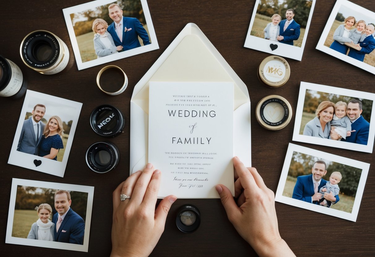 A wedding invitation being sent out with a selection of family photos spread out on a table