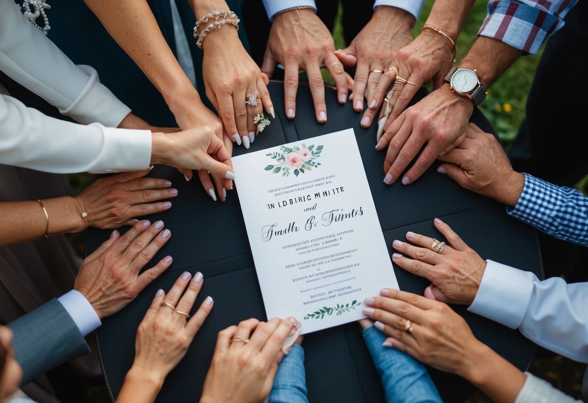 A wedding invitation surrounded by a mix of family members and friends, some eagerly awaiting their names to be written, while others are left out