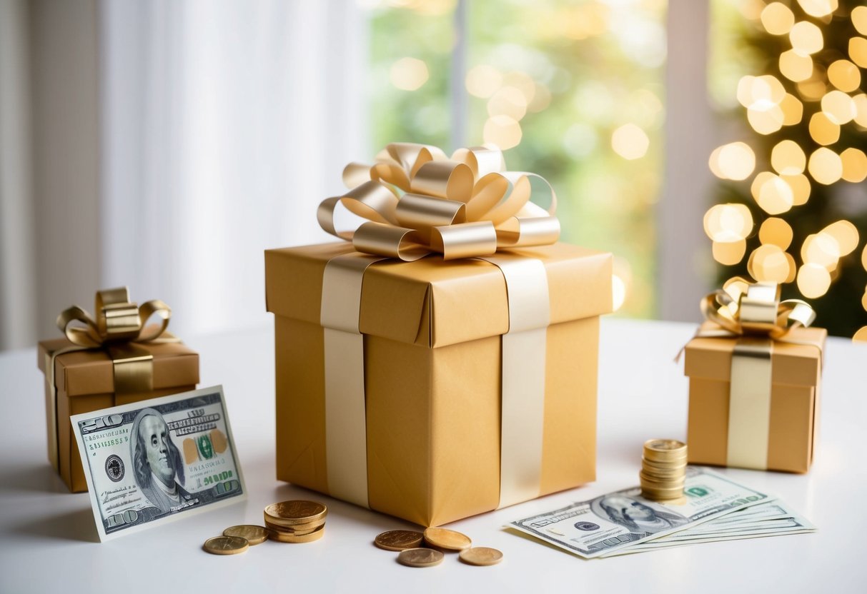 A beautifully wrapped gift box surrounded by various wedding registry items and a monetary gift envelope