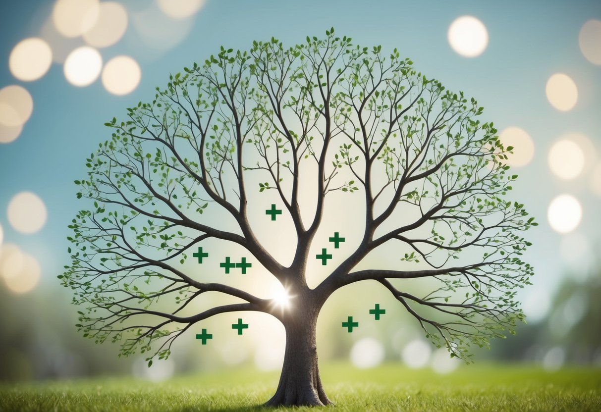 A family tree with branches extending out, some with plus-one symbols, representing the complexity of inviting family members to a wedding