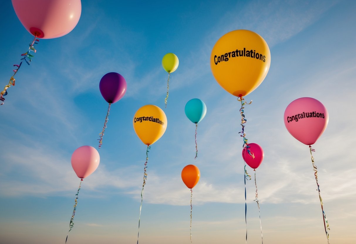 Colorful balloons soaring into the sky, each one carrying a small flag with the word "Congratulations" written in different languages