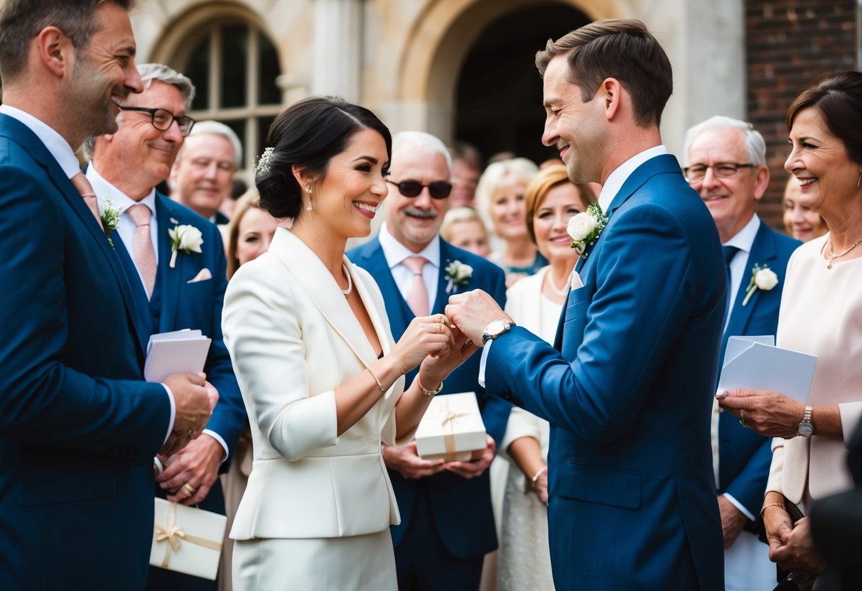 A couple exchanging wedding rings with a small crowd of family and friends looking on, some holding gifts or envelopes