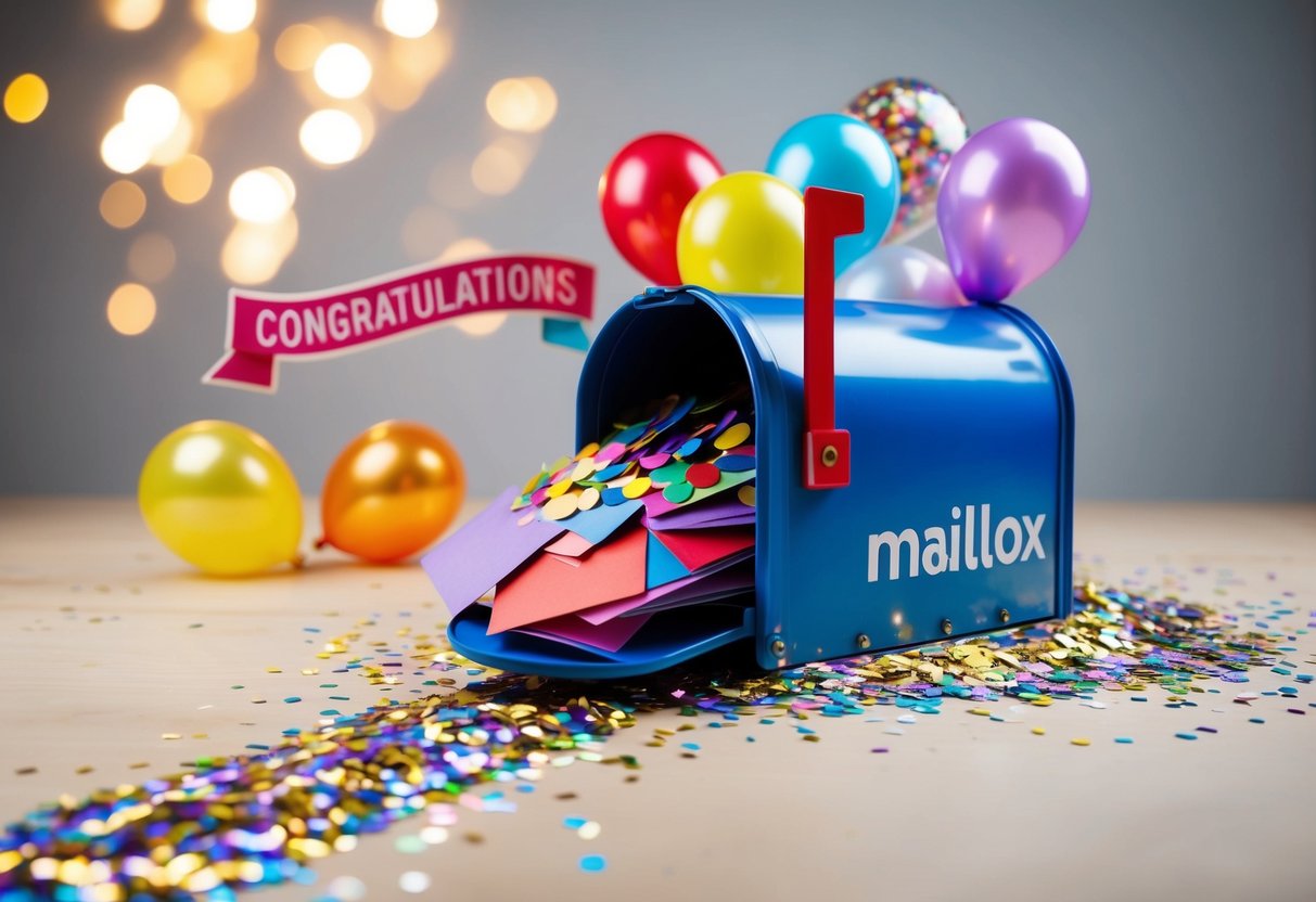 A mailbox overflowing with confetti and balloons, surrounded by a trail of glitter leading to a "Congratulations" banner