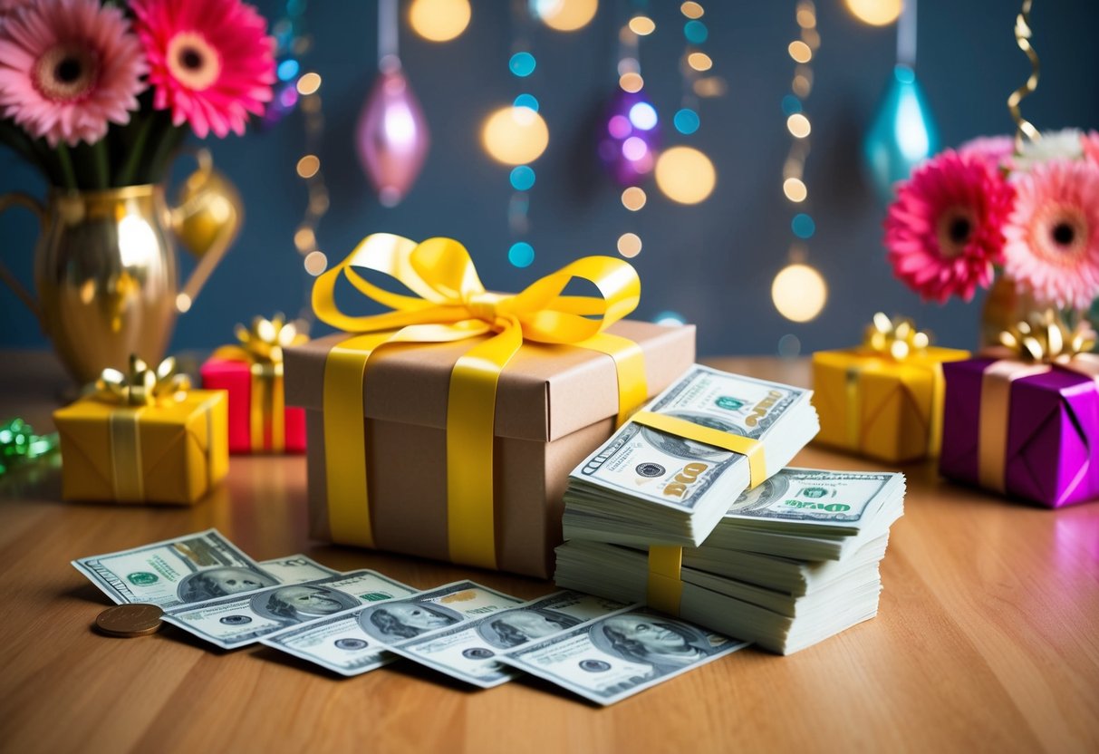 A beautifully wrapped gift box and a stack of cash placed on a table, surrounded by celebratory decorations and flowers