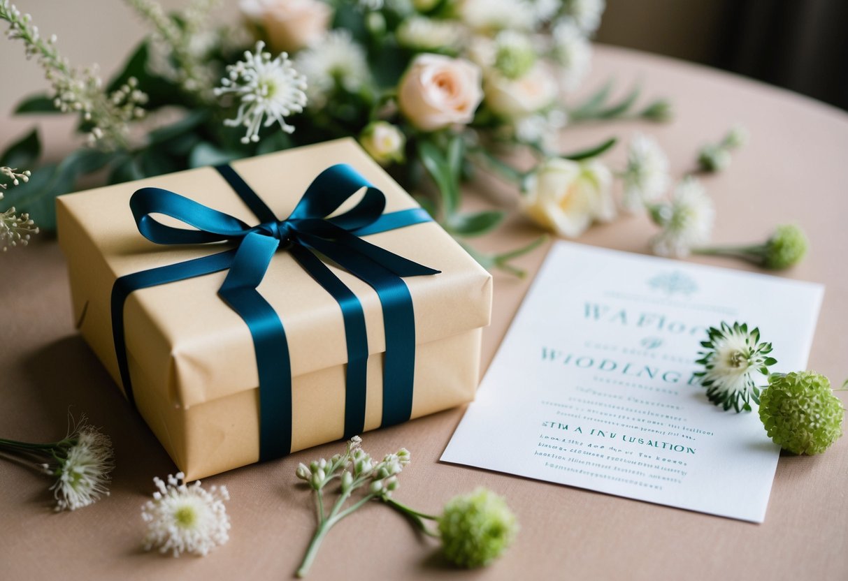 A beautifully wrapped gift box on a table, surrounded by delicate flowers and a wedding invitation