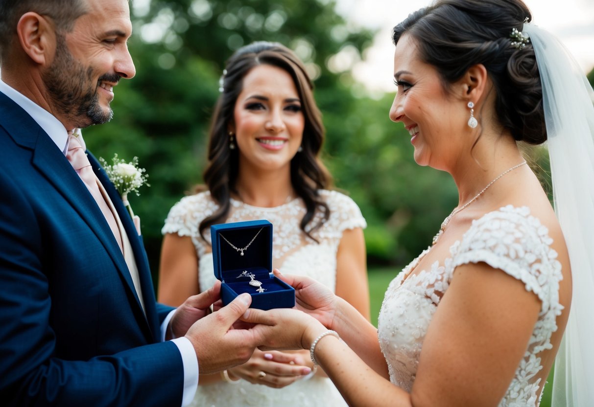 The groom's parents present the bride with a delicate necklace in a velvet box