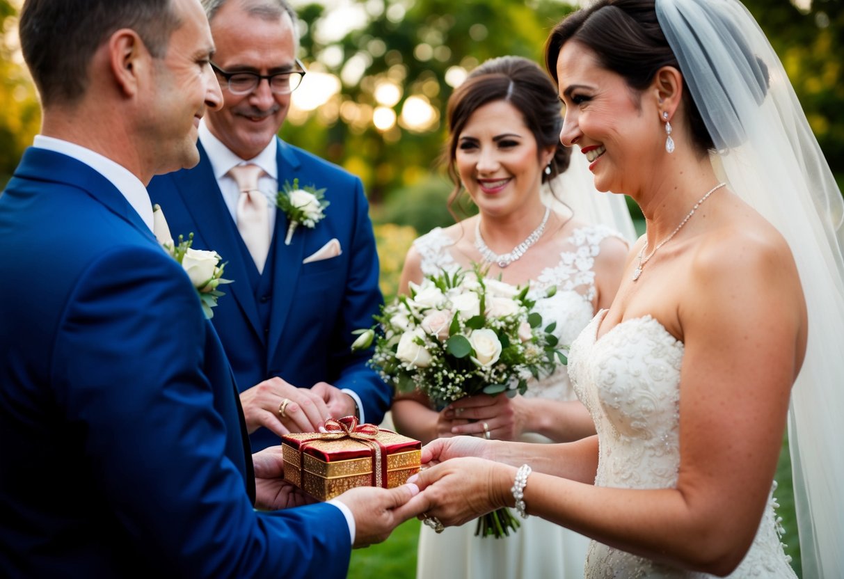 The groom's parents present the bride with a symbolic gift, such as a piece of jewelry or a family heirloom, during the wedding ceremony