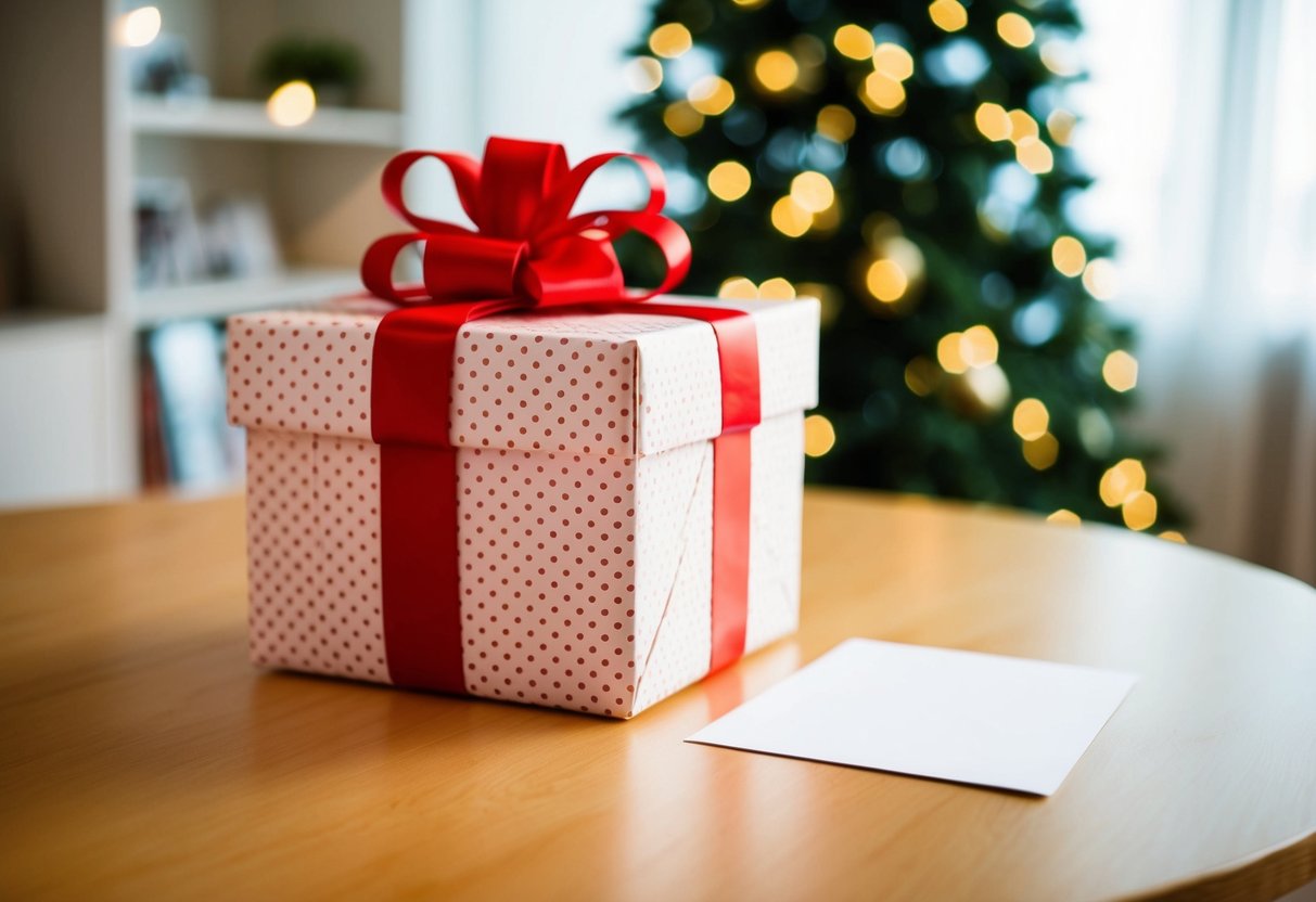 A beautifully wrapped gift box with a ribbon and a card placed on a table