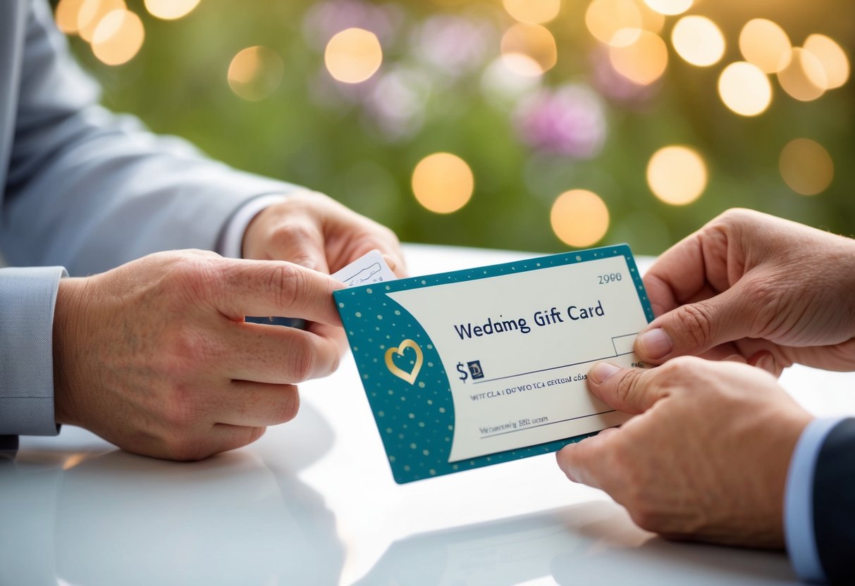 A parent placing a check or envelope into a wedding gift card with a thoughtful expression