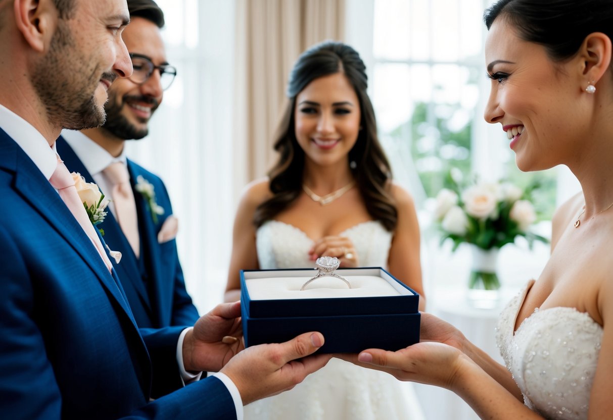 The groom's parents present the bride with a delicate piece of jewelry in a stylish gift box