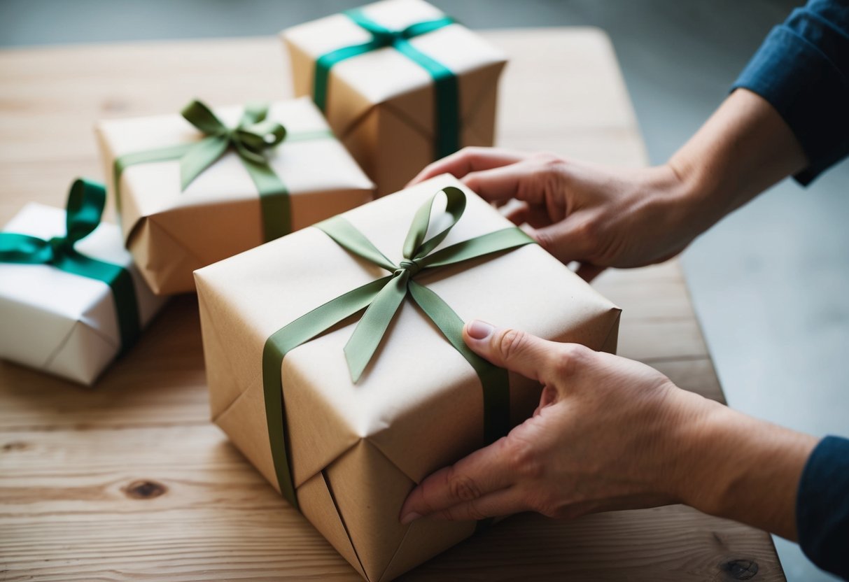 A pair of hands carefully wrap a gift with plain paper and tie it with a ribbon
