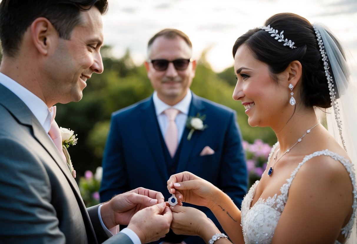 The groom's parents present the bride with a delicate silver necklace, adorned with a shimmering sapphire pendant