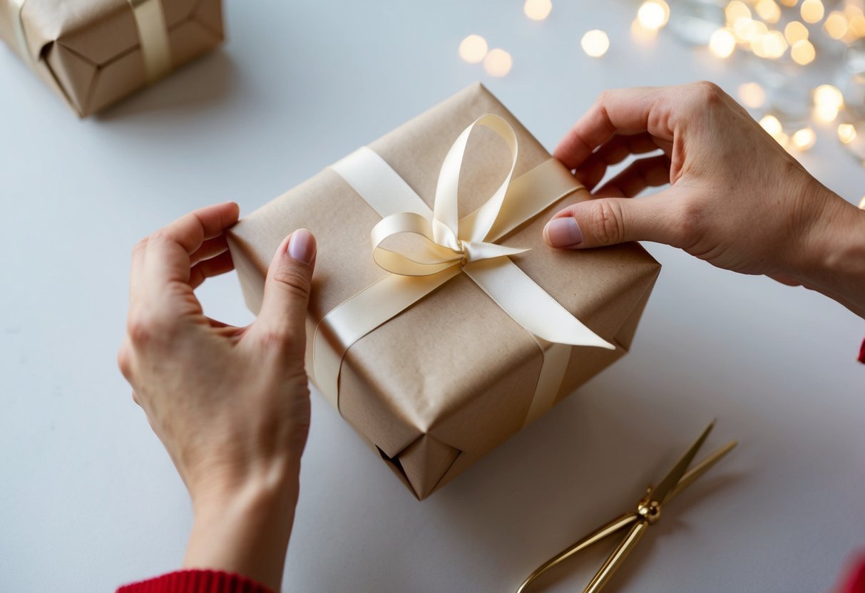 A pair of hands wrapping a gift with plain paper and adding a ribbon and bow