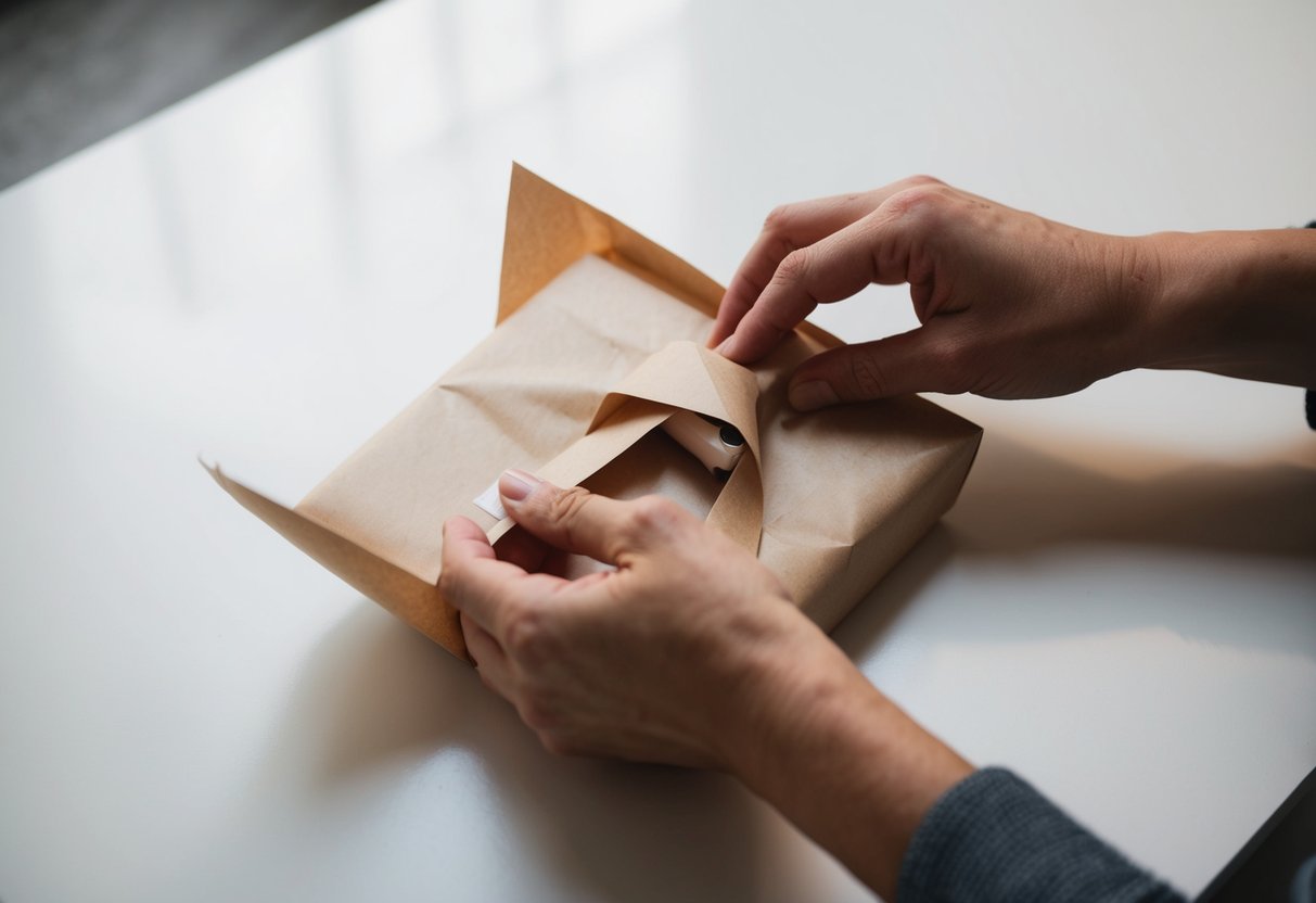 A pair of hands wrapping a delicate item in plain paper, carefully folding and taping the edges