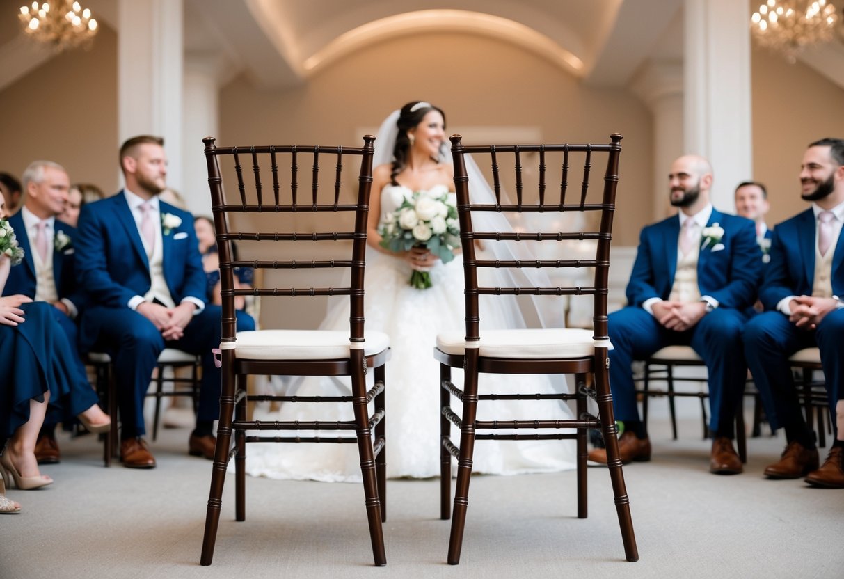 Two empty chairs sit closest to the bride and groom