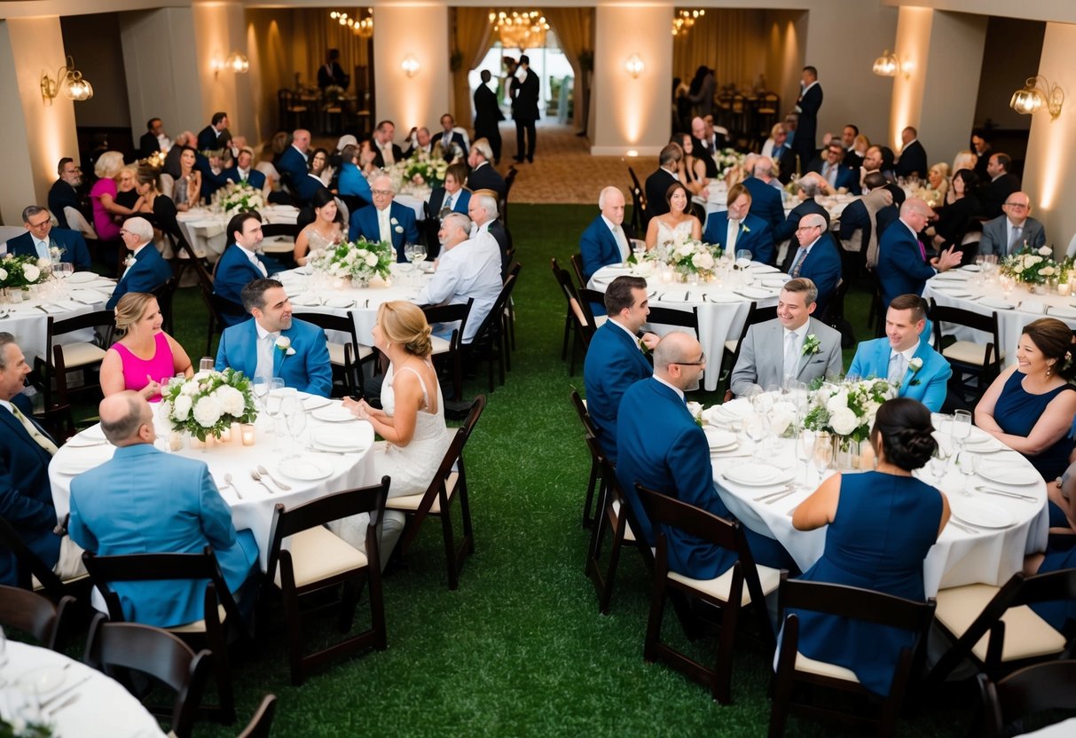 Guests seated at round tables, with the bride and groom at the center. Special seating concerns are evident with designated seating closest to the couple