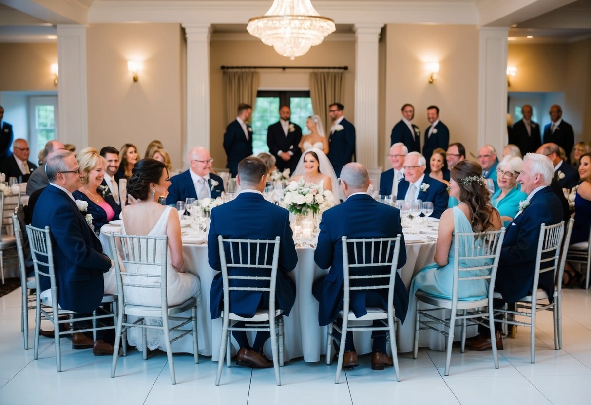 Guests seated at a round table, with the bride and groom in the center. The closest seats are empty, awaiting the most honored guests
