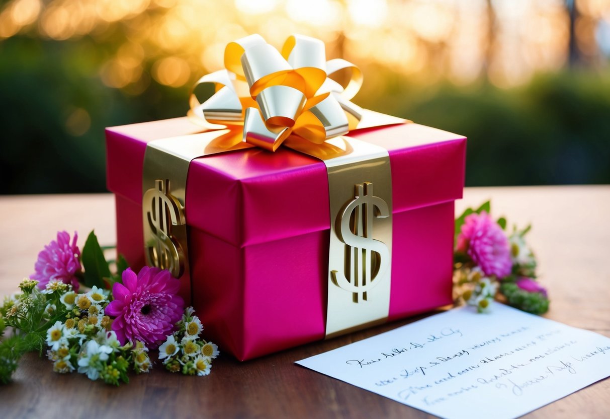 A beautifully wrapped gift box with a dollar sign bow, surrounded by flowers and a handwritten note